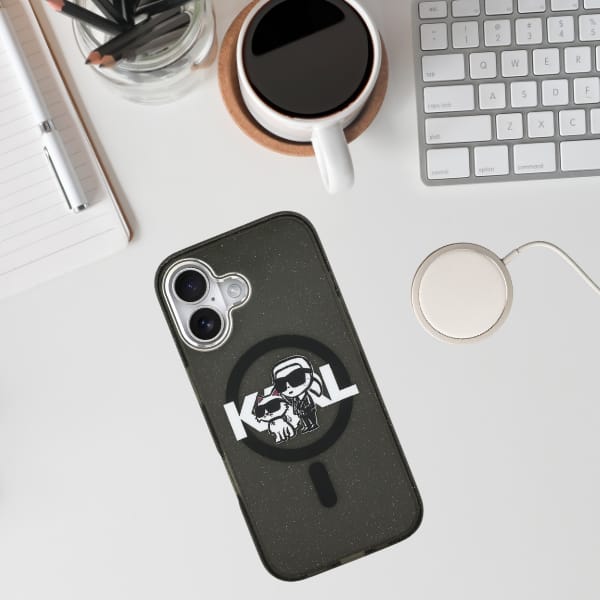 Etui Karl Lagerfeld IML Glitter Karl &   Choupette Sketch Logo MagSafe do iPhone 17 czarny