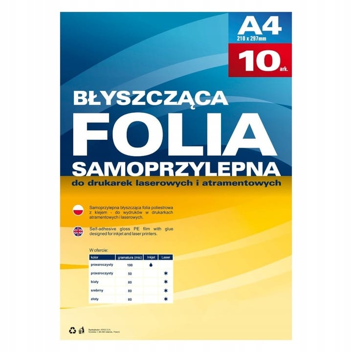 Folia samoprzylepna do drukarek atramentowych przezroczysta błysk (10ark.) 434020 ARGO