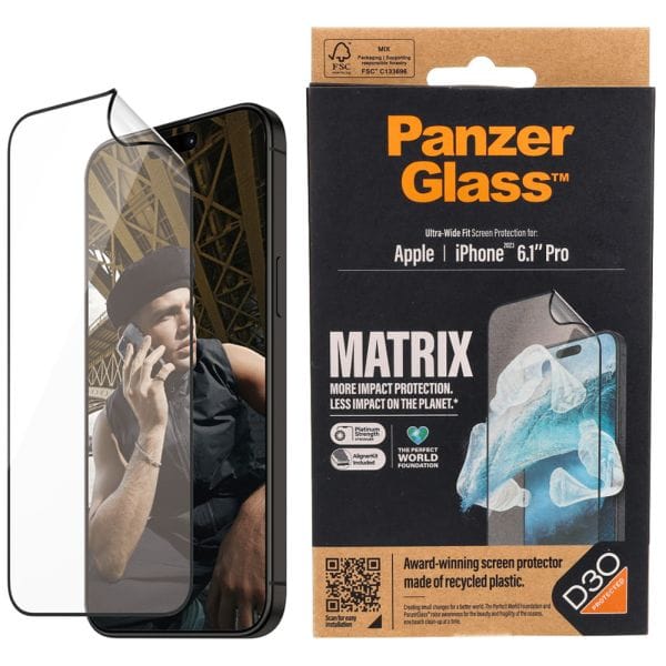 PanzerGlass Matrix D3O UWF iPhone 15 Pro6.1" Ultra-Wide-Fit rPET Screen Protection Easy Aligner Included 2818 hybryda