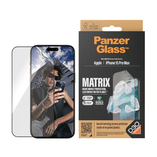 PanzerGlass Matrix D3O UWF iPhone 15 ProMax 6.7" Ultra-Wide-Fit rPET Screen Protection Easy Aligner Included 2820 hybryda
