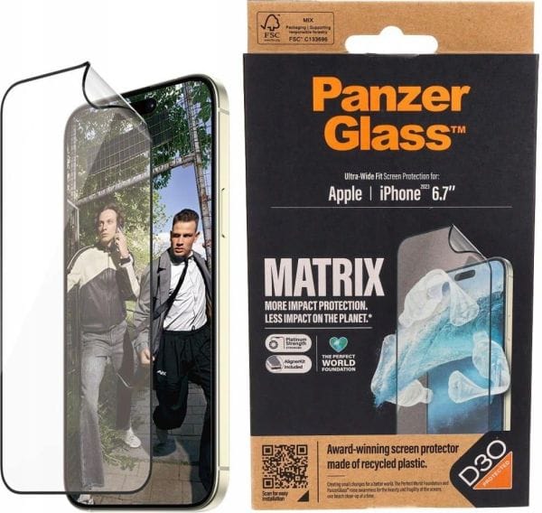 PanzerGlass Matrix D3O UWF iPhone 15Plus 6.7" Ultra-Wide-Fit rPET Screen Protection Easy Aligner Included 2819 hybryda