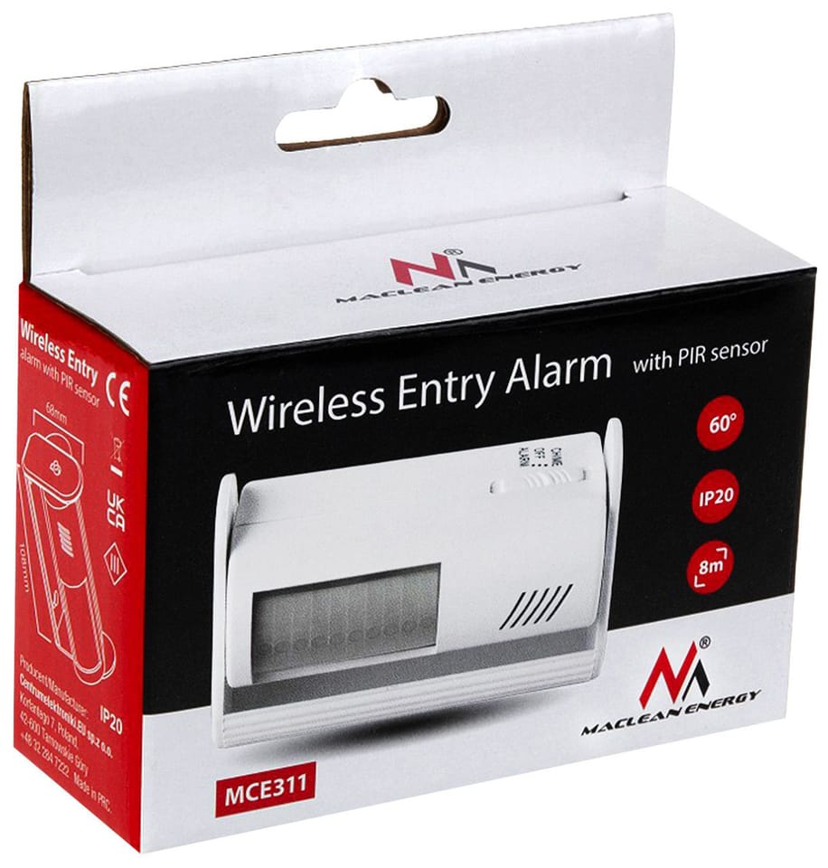 Bezprzewodowy sygnalizator wejścia, czujnik PIR, zasięg 8m 9V DC alarm 70dB