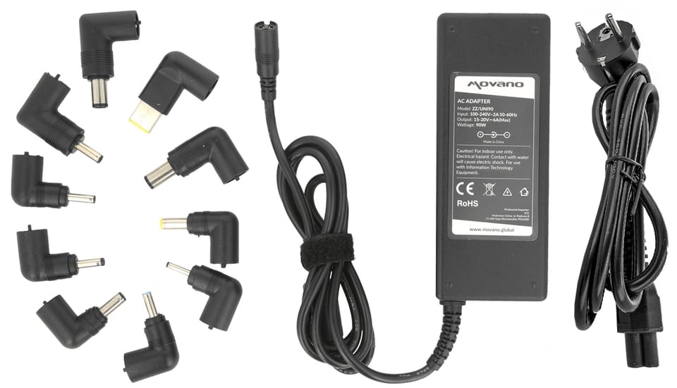 Zasilacz do laptopa. Uniwersalny 90W 15-20V. 10 wtyków w zestawie