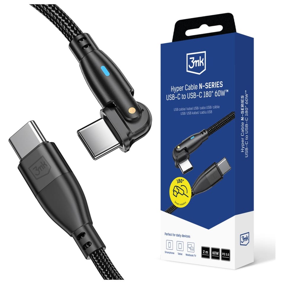 Kabel 3MK Hyper Cable N-SERIES USB-C do  USB-C 2m 20V/3A 60W obrotowy czarny