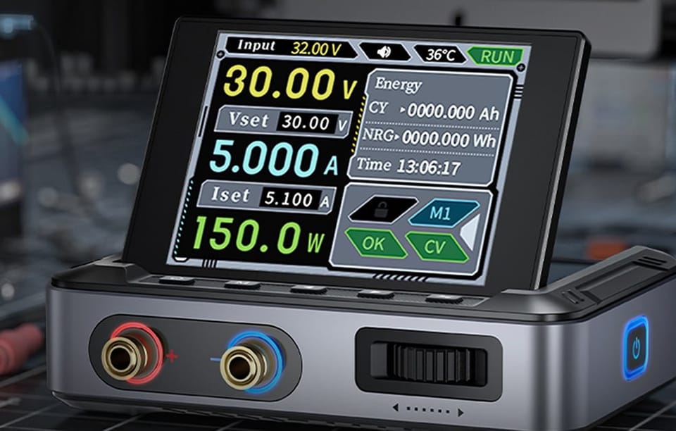 Na zdjęciu widoczny jest mini zasilacz laboratoryjny z wyświetlaczem.