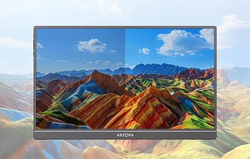 Monitor Arzopa wyświetlający kolorowy krajobraz górski z podziałem ekranu na różne ustawienia obrazu