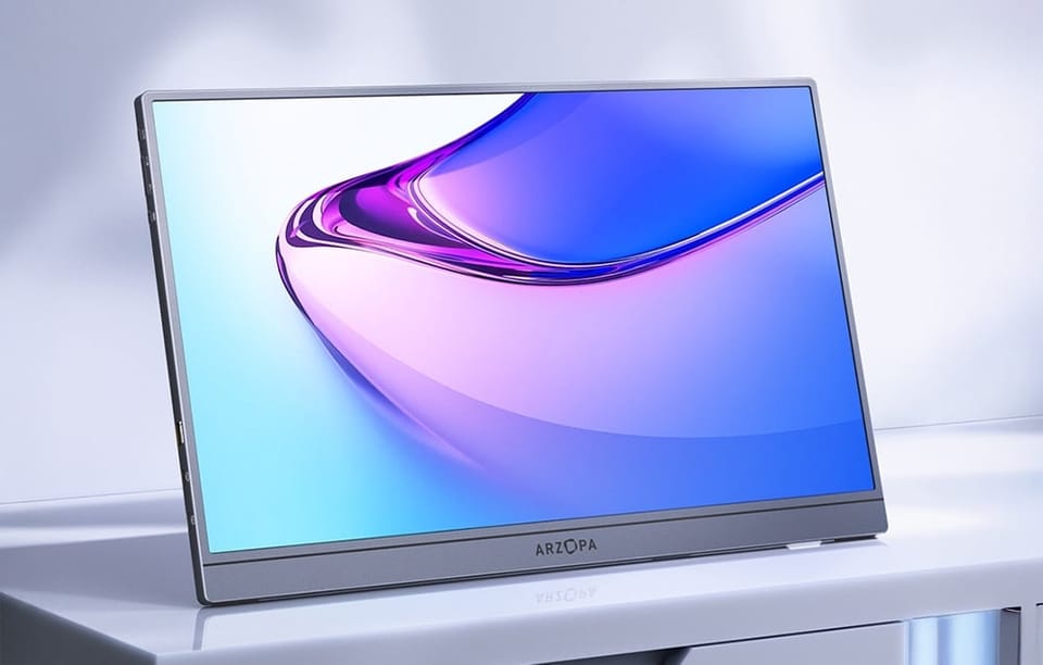 Przenośny monitor Arzopa z wyświetlaczem pokazującym abstrakcyjną grafikę w odcieniach fioletu i niebieskiego