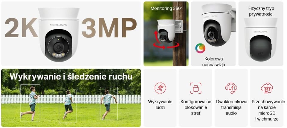 KAMERA zewnętrzna obrotowa WiFi MC510, 2K QHD, czujnik ruchu,tryb nocny kolor, alarm,IP65