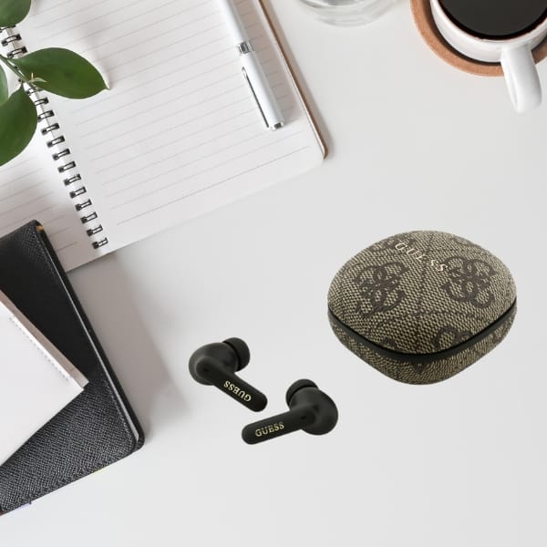 Słuchawki TWS ENC Guess 4G Classic Metal Logo brązowy