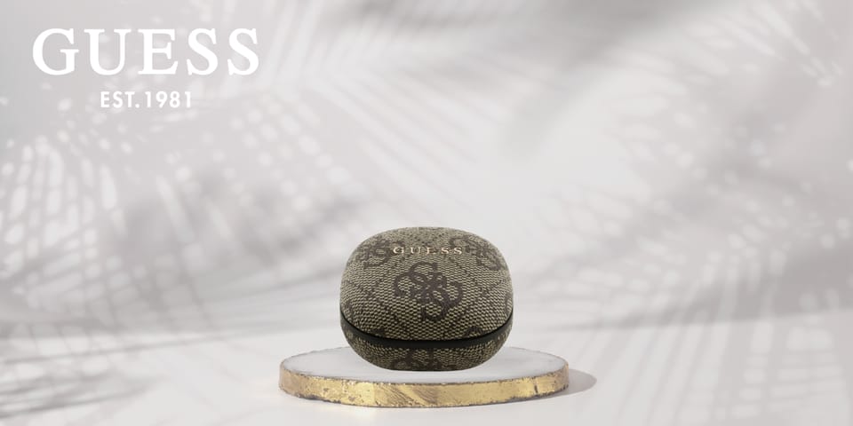 Słuchawki TWS ENC Guess 4G Classic Metal Logo brązowy