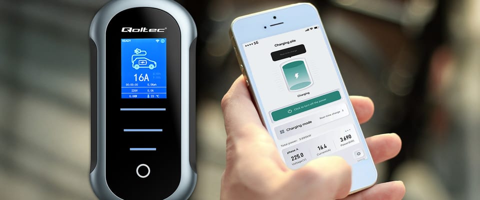 Qoltec Mobilna ładowarka do samochodu elektrycznego EV z regulacją 2w1 Typ2 | 3.5kW | 230V | Wi-fi | LCD | Przenośna | 5m