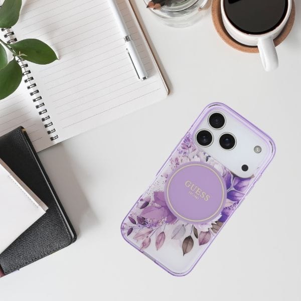 Etui Guess IML Flower & Tonal Circle     MagSafe do iPhone 17 Pro fioletowy