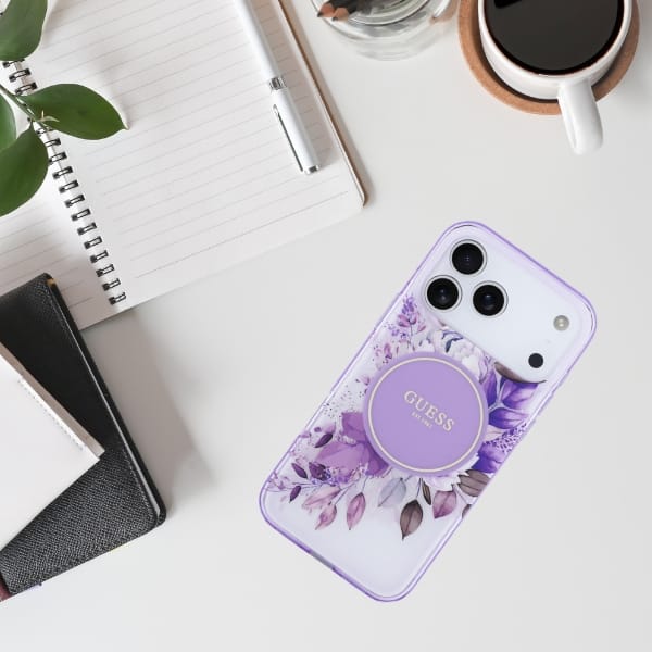 Etui Guess IML Flower & Tonal Circle     MagSafe do iPhone 17 Pro Max fioletowy