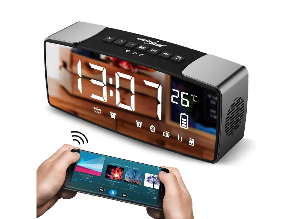 Radiobudzik Bluetooth FM, aux-in, 6W, temperatura, alarm, zegar