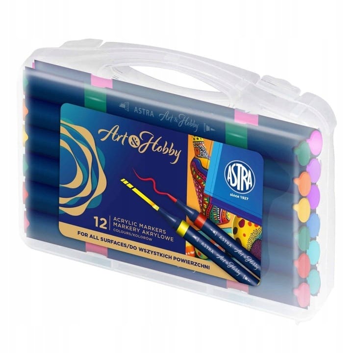 Markery akrylowe dwustronne trójkątne ASTRA Art&Hobby 12szt. walizka 207025002