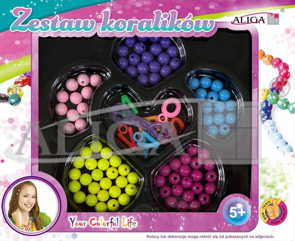 Zestaw koralików plastikowych mix kolorów i kształtów op. ok. 80szt.+żyłka 120cm. PJ-1992 ALIGA