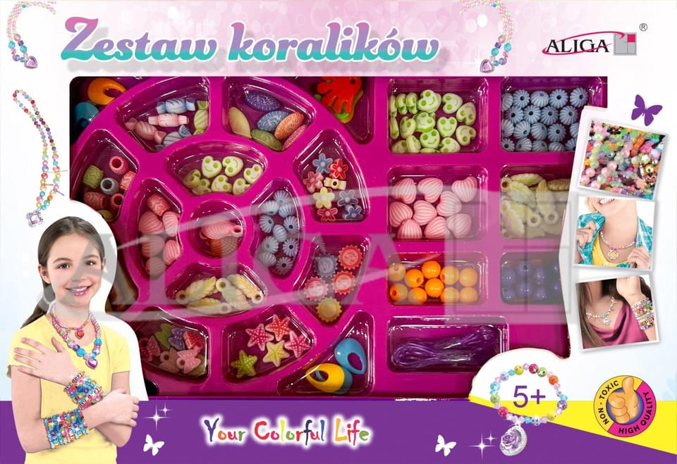 Zestaw koralików plastikowych mix kolorów i kształtów op. ok. 150szt.+2x 120cm żyłka PJ-1978 ALIGA