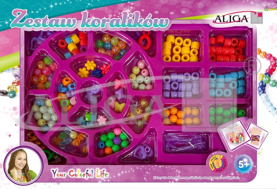 Zestaw koralików plastikowych mix kolorów i kształtów op. ok. 170szt.+2x 120cm żyłka PJ-1985 ALIGA
