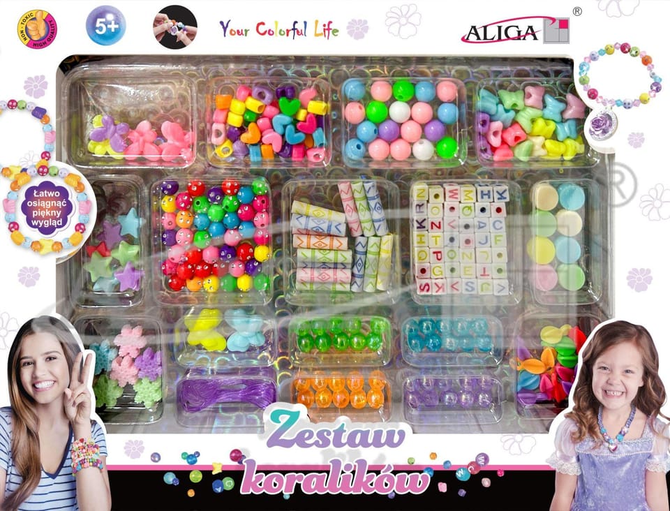 Zestaw koralików plastikowych mix kolorów i kształtów op. ok. 230szt.+2x 120cm żyłka PJ-2036 ALIGA
