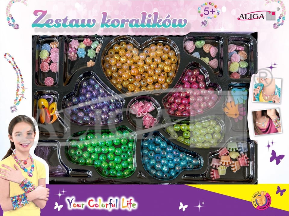 Zestaw koralików plastikowych mix kolorów i kształtów op. ok. 275szt.+2x 120cm żyłka PJ-2029 ALIGA