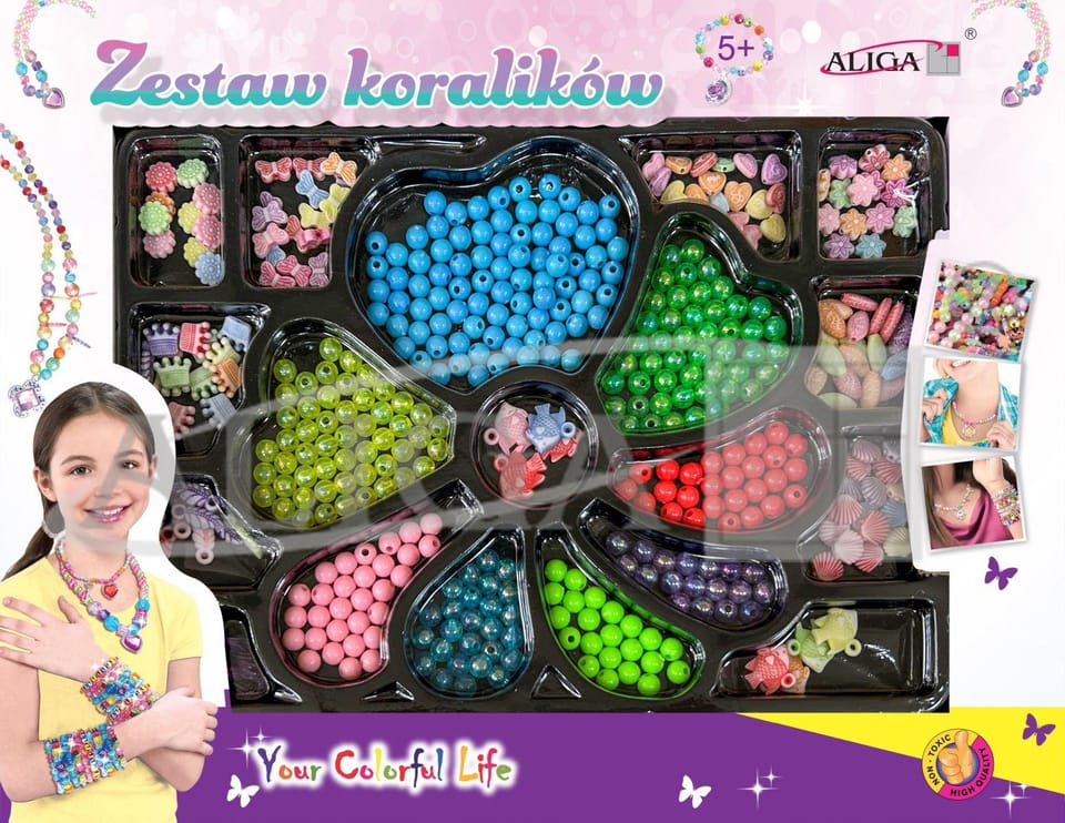 Zestaw koralików plastikowych mix kolorów i kształtów op. ok. 450szt.+2x 120cm żyłka PJ-2012 ALIGA
