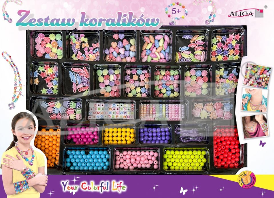 Zestaw koralików plastikowych mix kolorów i kształtów op. ok. 650szt.+2x 120cm żyłka PJ-2005 ALIGA