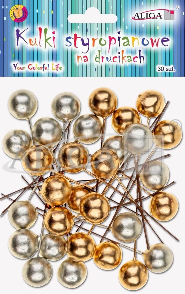 Kuleczki styropianowe na drucikach złote i srebrne roz. 1cm. dł. 7cm. op. 30szt. KSB-4658 ALIGA
