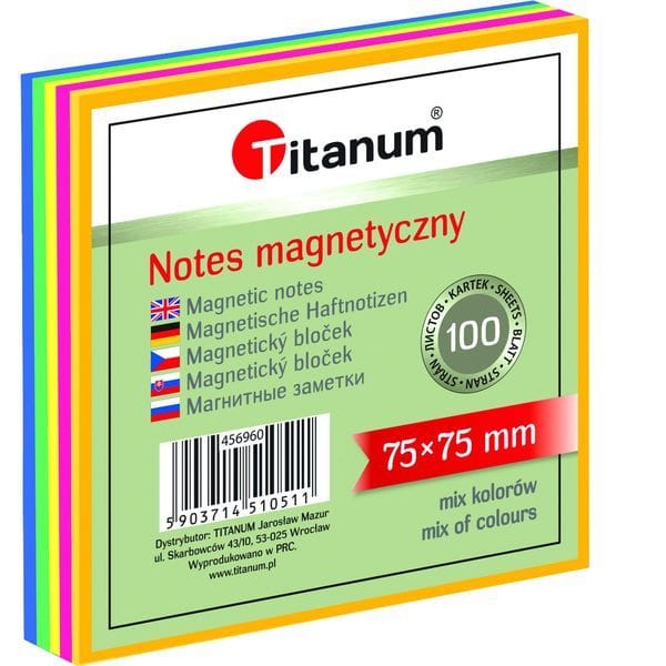 Bloczek magnetyczny mix kol. neonowy 75x75mm 100k. 456960 TITANUM