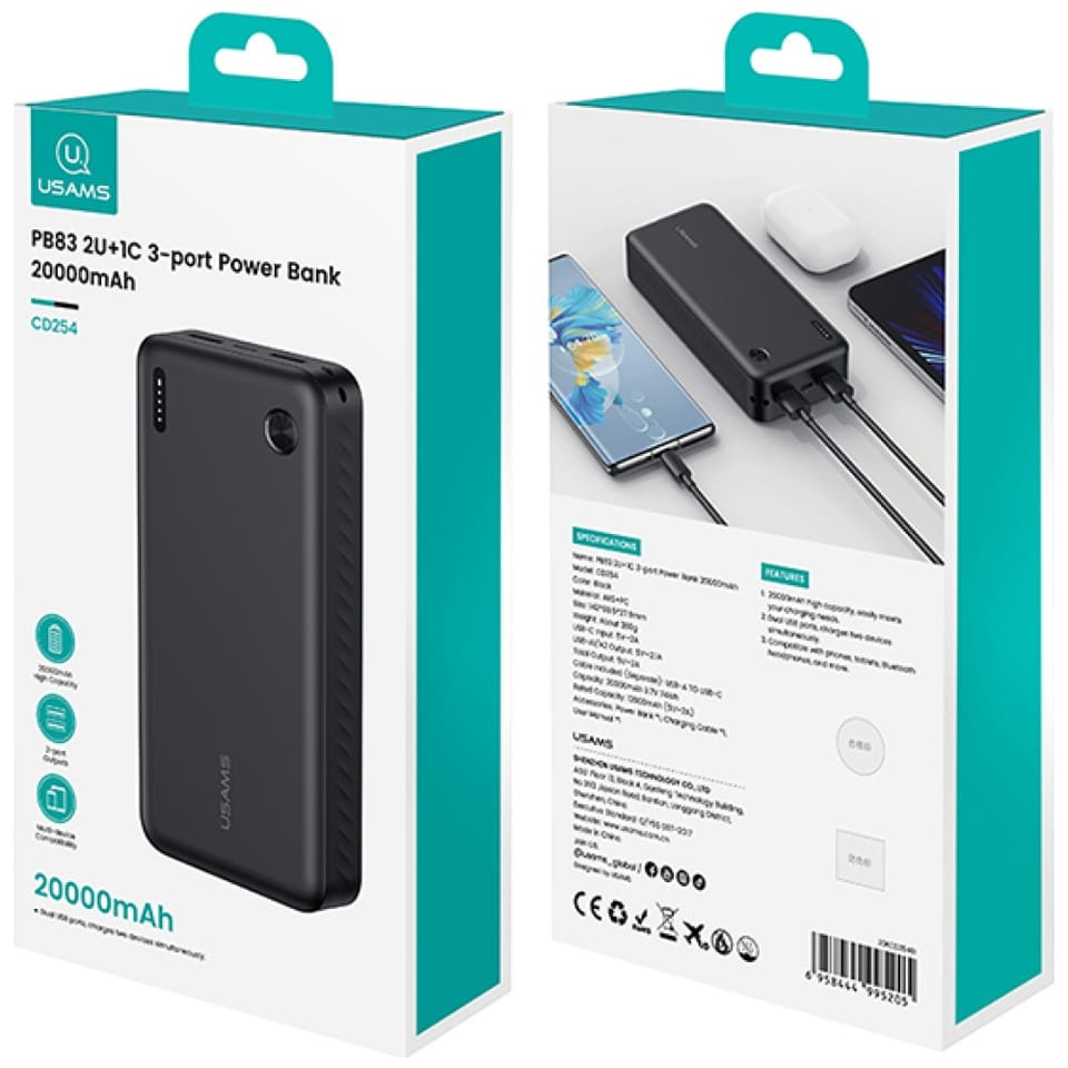 Powerbank USAMS PB83 2xUSB-A 1xUSB-C     20000mAh czarny