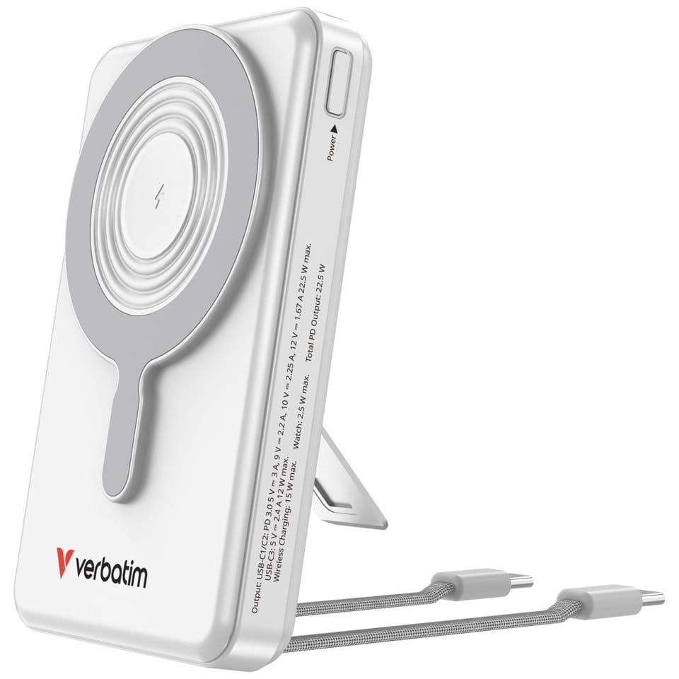 Powerbank Verbatim Charge n Go 10000mAh  z podstawką Magnetic Wireless wyświetlacz TFT 2xkabel USB-C srebrny 32273