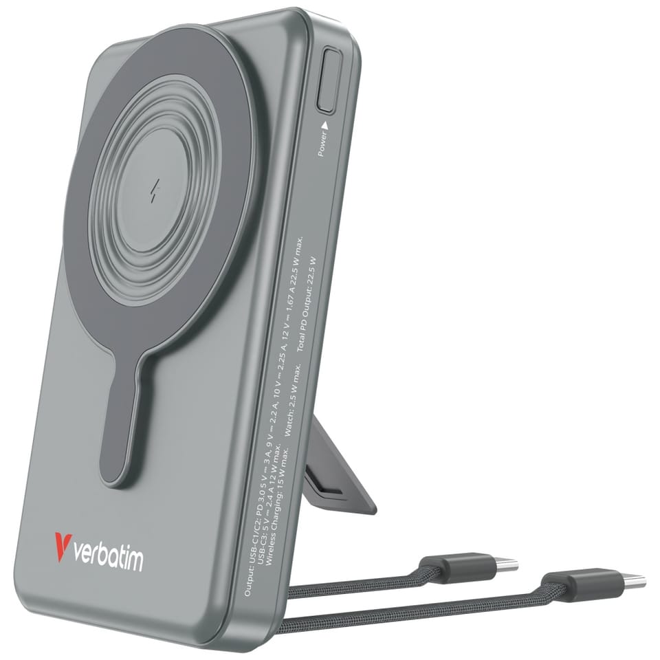 Powerbank Verbatim Charge n Go 10000mAh  z podstawką Magnetic Wireless wyświetlacz TFT 2xkabel USB-C szary 32272