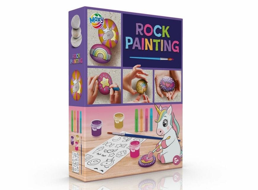 Zestaw do malowania kamieni JEDNOROŻEC (3x Kamień, 3x Farbka, 3x Farbka w tubce, 1x Pędzelek, 1x arkusz z szablonami) 200075 MOXY
