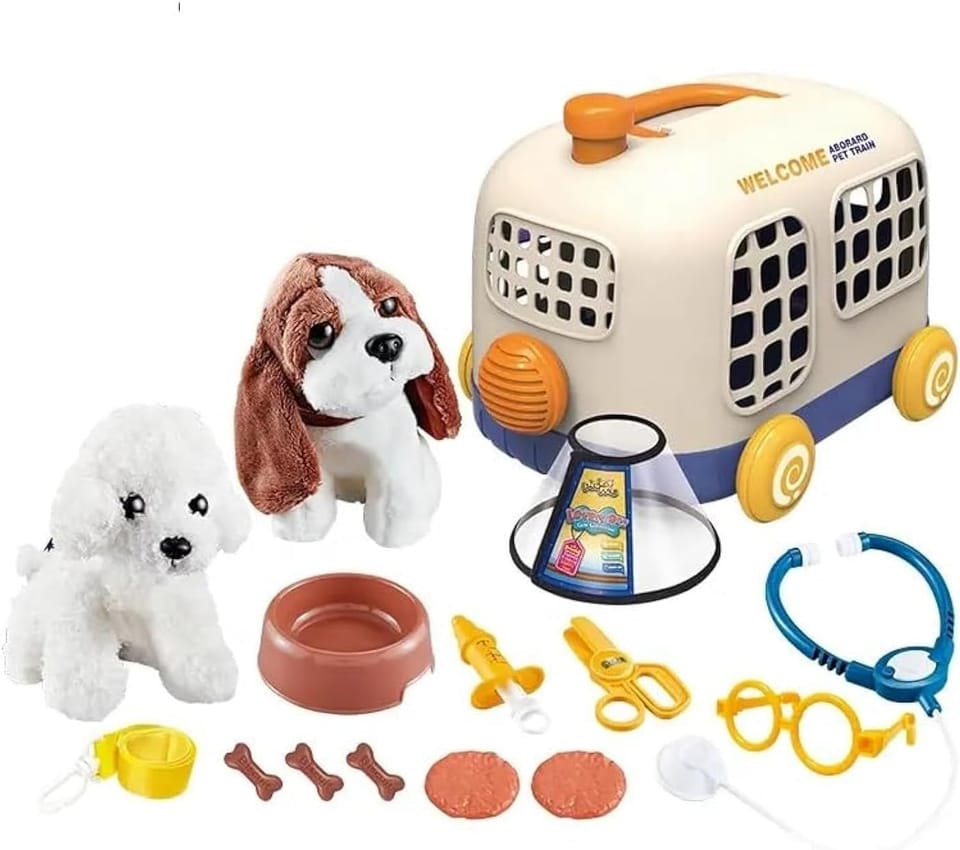 Zestaw Małego Weterynarza Transporter Dla Psa + Akcesoria Klatka Dla Zwierząt Weterynarz Doktor Pies Pluszak