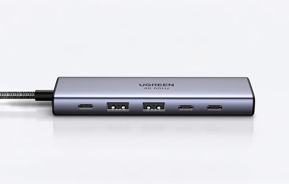  Zbliżenie na hub UGREEN pokazujące pięć portów: dwa USB-A, dwa USB-C i jeden zasilania.