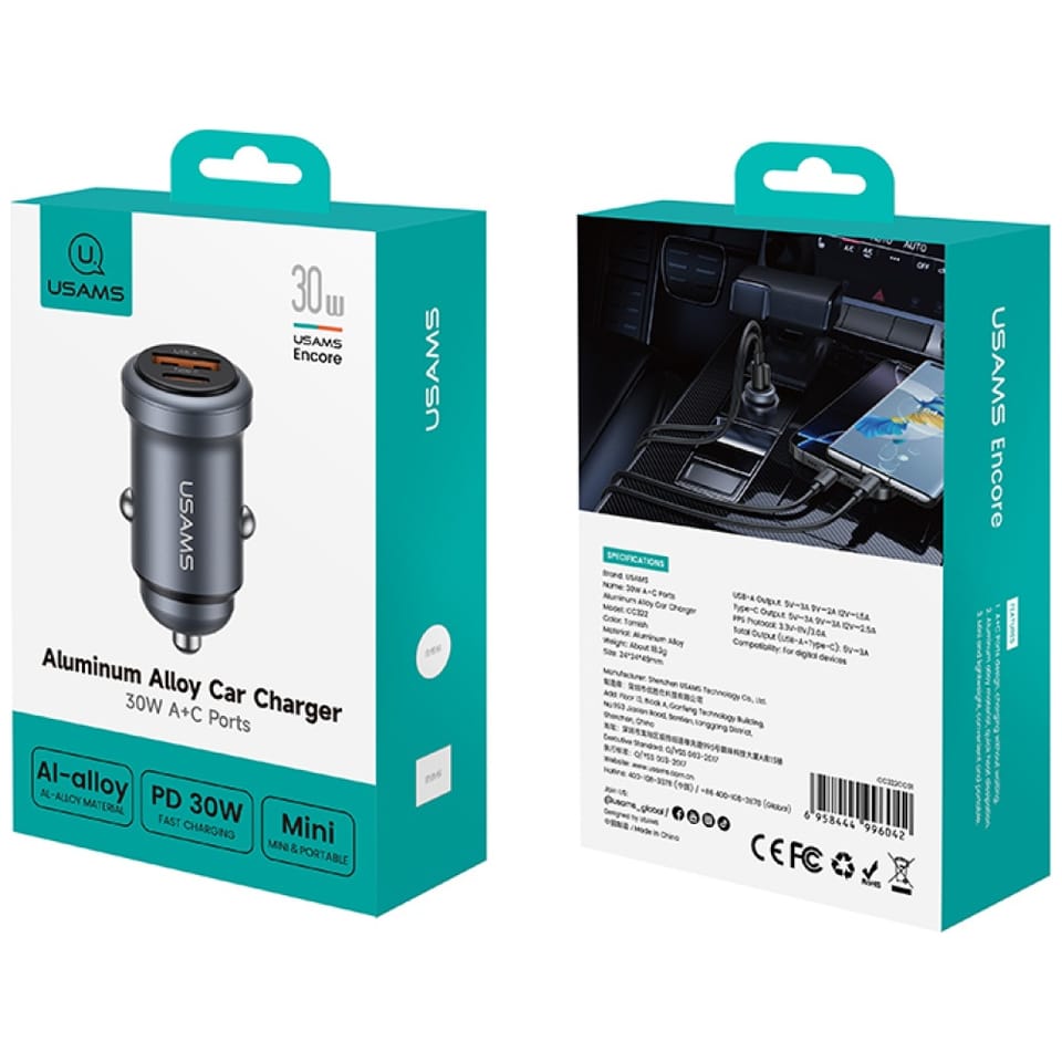 Ładowarka samochodowa USAMS CC322 30W    1xUSB-A 1xUSB-C tarnish