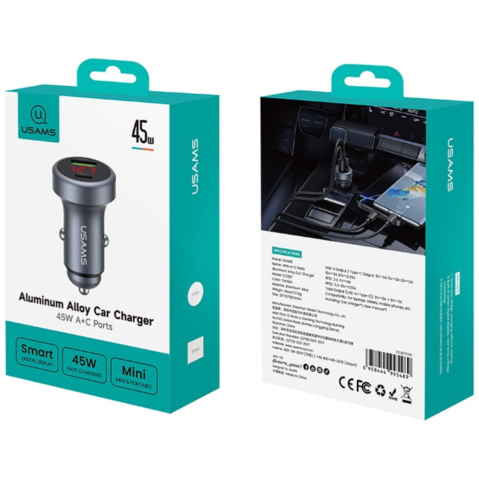 Ładowarka samochodowa USAMS CC327        Aluminium 45W USB-A USB-C tarnish