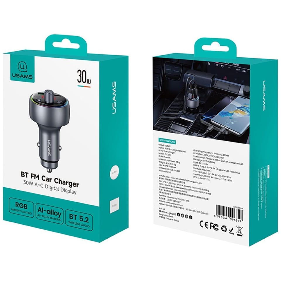 Ładowarka samochodowa USAMS CC328 30W    1xUSB-A 1xUSB-C Bluetooth FM tarnish