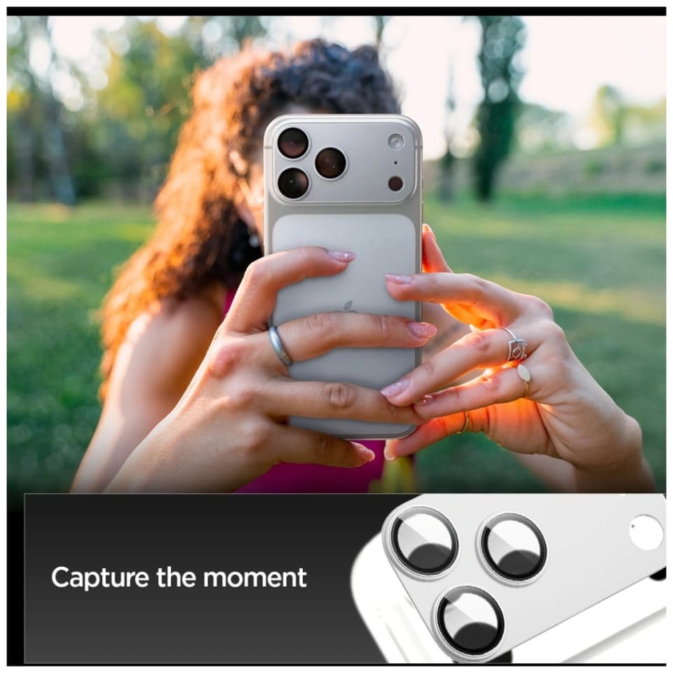 Ochrona na obiektyw aparatu Spigen       Glas.Tr Camera EZ FIT Optik Pro XL do Apple iPhone 17 Pro srebrny