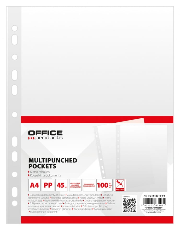 Koszulki krystaliczne na dokumenty PP A4 45mikr. (100szt.) 21142315-90 OFFICE PRODUCTS