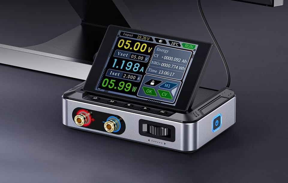 Na zdjęciu widoczny jest mini zasilacz laboraoryjny z wyświetlaczem obrotowym.