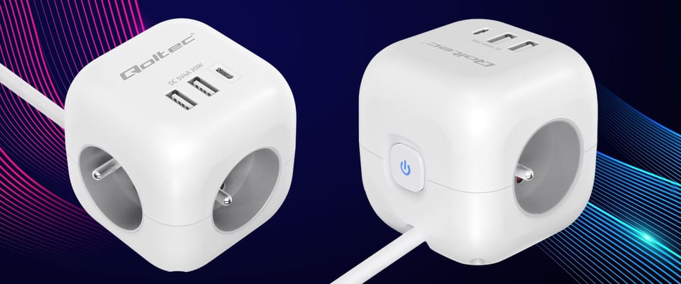 Qoltec Kostka zasilająca przedłużacz 6w1 z podświetlanym włącznikiem | 3x AC | 2x USB | 1x USB-C PD 20W | Biała | Kabel 2m