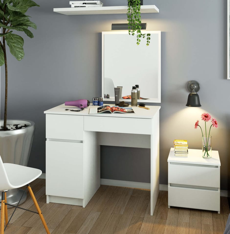 Meble AKORD - Toaletka Biała 90 cm z lustrem 500x600 lewa 1 drzwi 2 szuflady kolor Biały mat 2 półki 90x50x142 cm - Producent mebli - tanie meble - 5901738168015