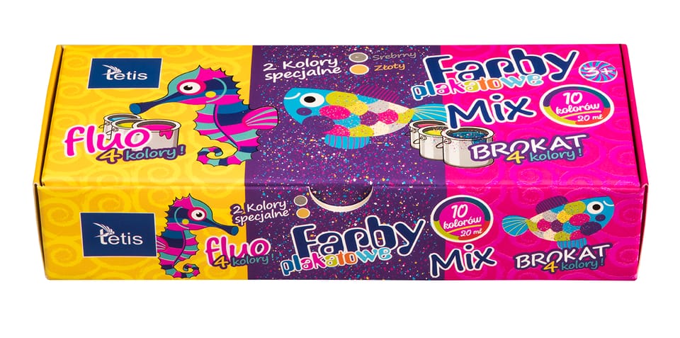 Farby plakatowe mix fluo/brokat 10ml. 10 kolorów KF004-C TETIS