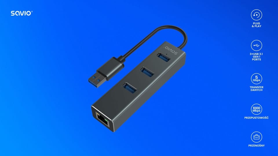 Hub AK-58 3-portowy USB-A 3.1 Gen 1 z adapterem RJ-45 Gigabit Ethernet