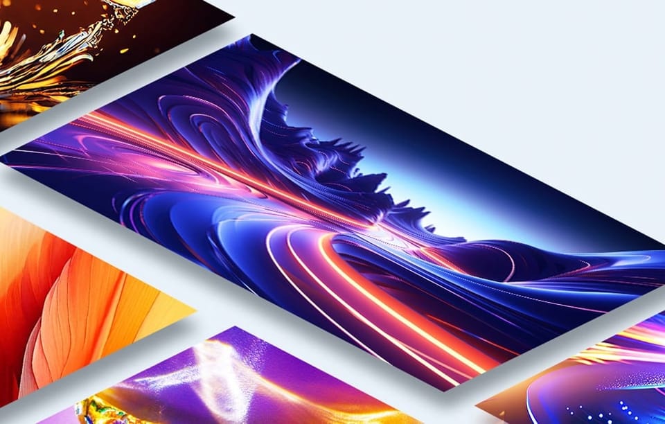Zbliżenie na ekran prezentujący dynamiczną abstrakcyjną grafikę w kolorach fioletu, granatu i pomarańczu
