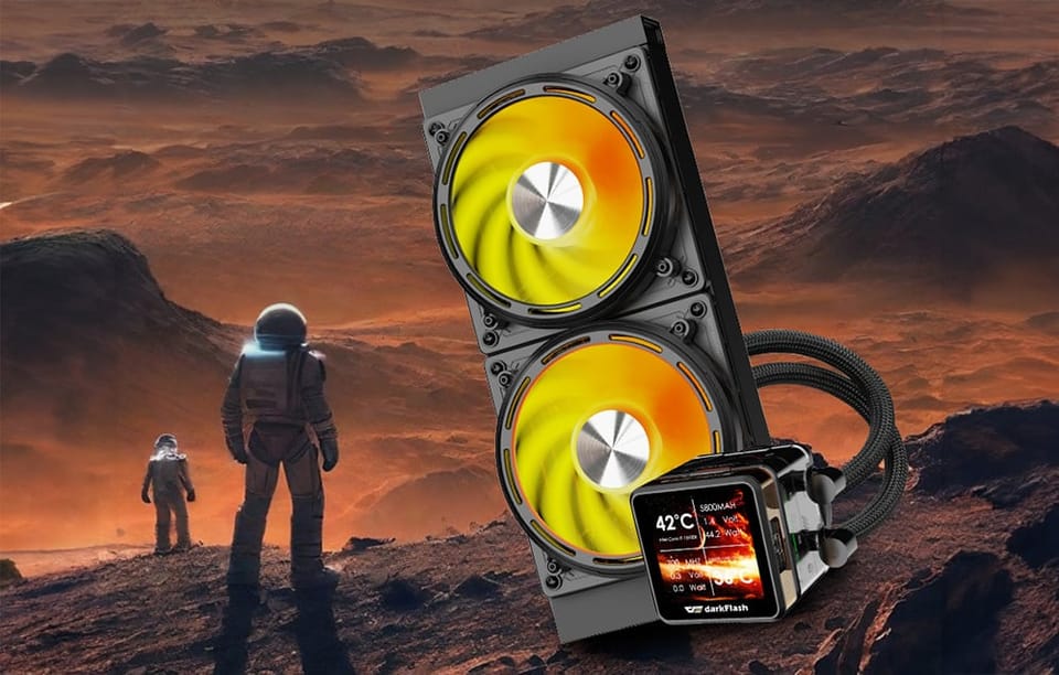 Chłodzenie wodne z wyświetlaczem, obok astronauci