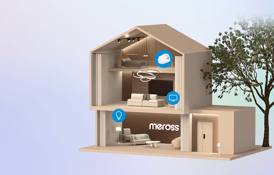 Przekrój modelowego domu z trzema piętrami pokazujący integrację urządzeń smart home z logo Meross i ikonami inteligentnych urządzeń