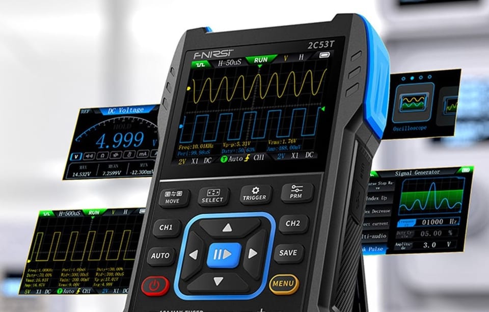 Przyrząd pomiarowy z wyświetlaczem fal i przyciskami otoczony pływającymi ekranami pokazującymi dodatkowe funkcje pomiarowe.