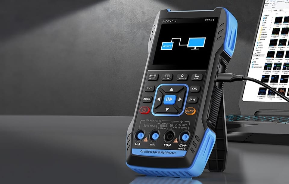 Przyrząd pomiarowy z ekranem podłączony przewodem do laptopa, na ekranie schemat podłączenia.