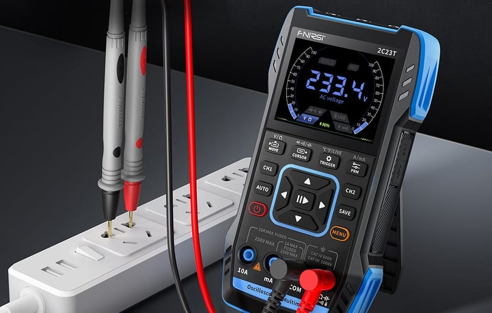 Przenośny oscyloskop FNIRSI 2C23T na szarym tle